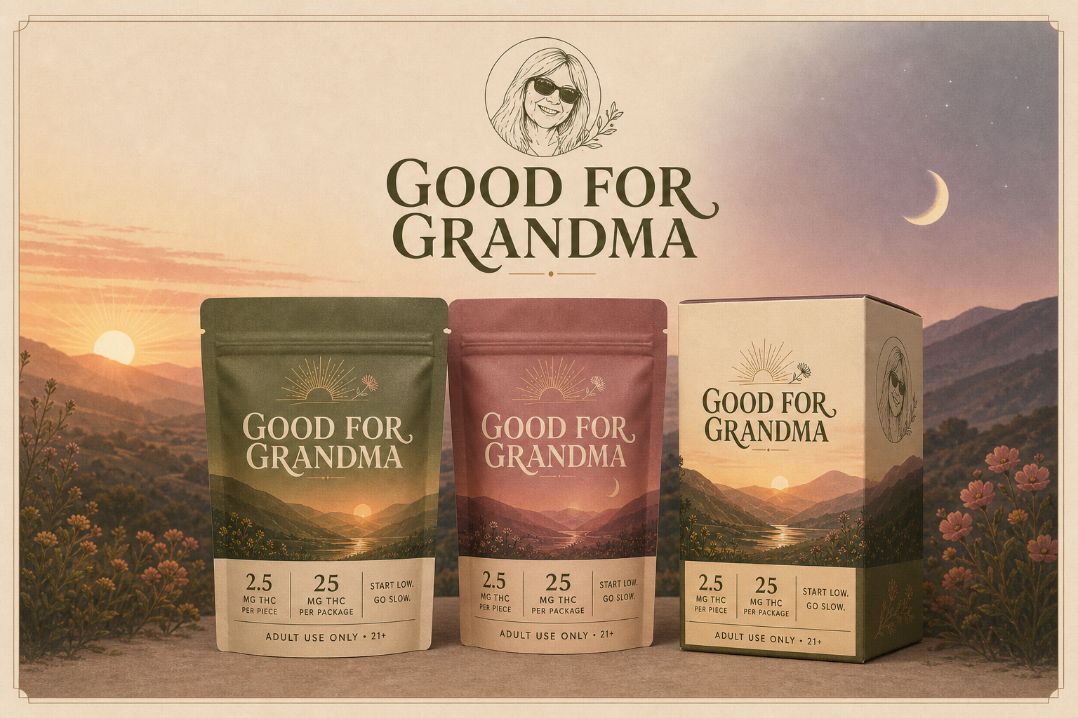 California sunset packaging direction with two pouches, a carton and portrait medallion