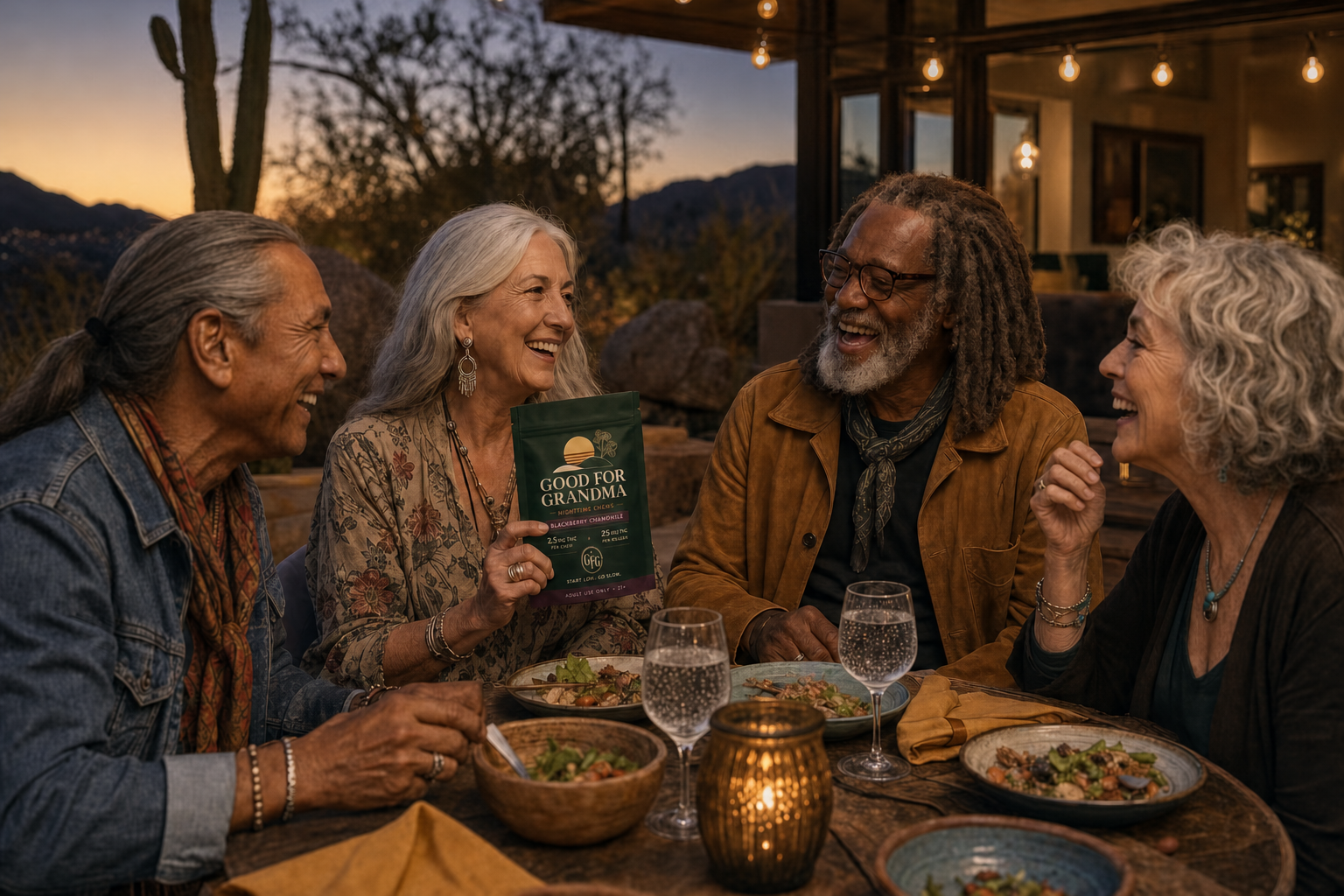 Four stylish older friends laughing over dinner with a conceptual Good for Grandma pouch